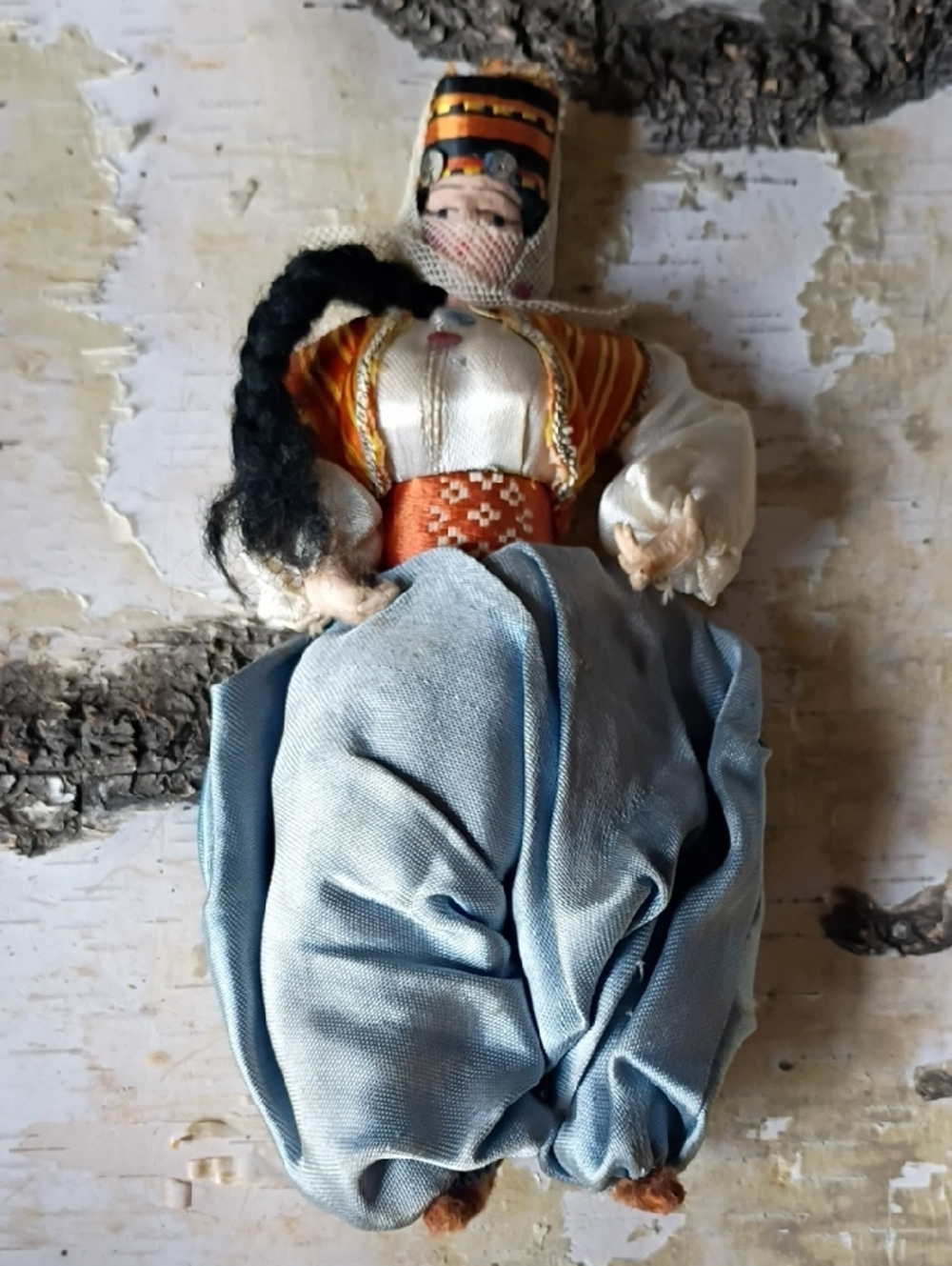 Handmade Folk Doll with Blue Skirt and Orange Bodice